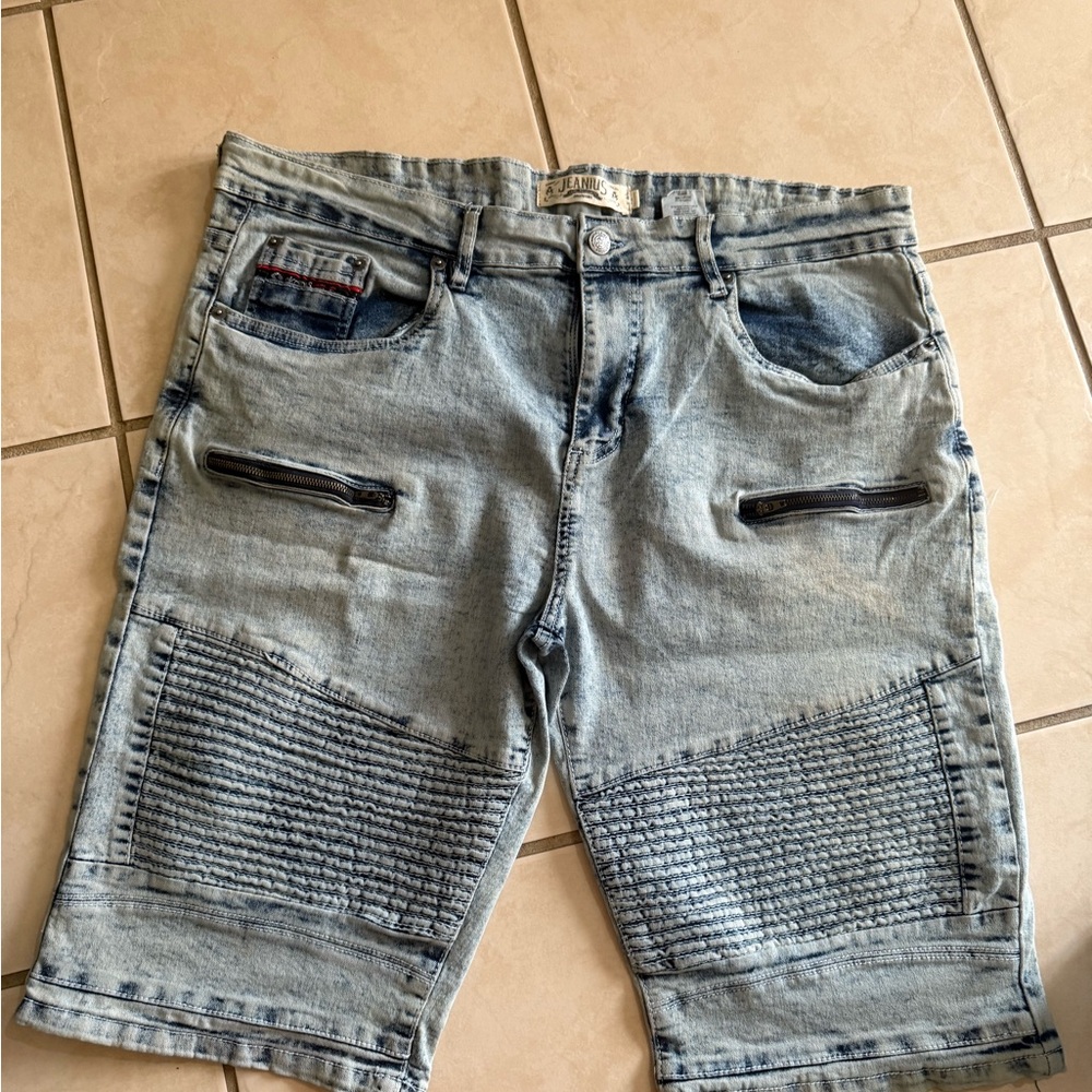 Blue Jean Shorts with Moto Ribbed Panels